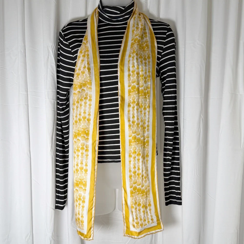 The Limited Silk Scarf Yellow White Polka Dot Geo Oblong Striped Border 114-02